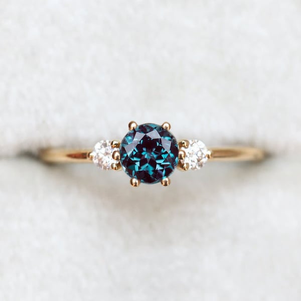 Alexandrite & diamond ring, Chatham alexandrite engagement ring, Purple three stone ring, Dainty blue ring