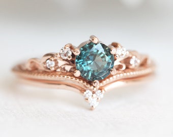 Teal Sapphire Engagement Ring, Round Antique Wedding Diamond Set, Filigree vintage set