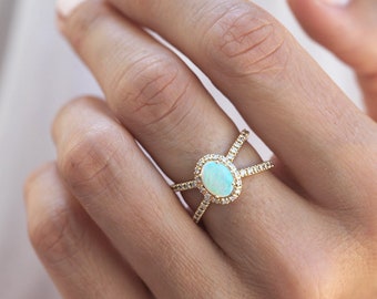 Opal engagement ring, Double band ring, Modern diamond ring, Oval wedding ring