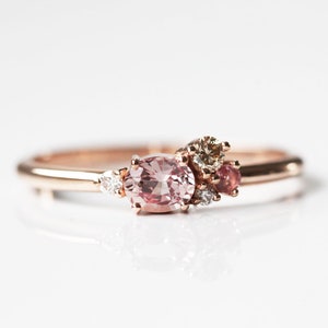 Oval Peach Pink Sapphire Cluster in 14k or 18k Solid Gold with Champagne and White Diamonds and a Small Pink Sapphire