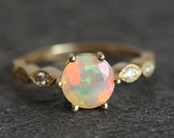 Opal Engagement Ring, Gold Engagement Ring, Round Engagement Ring, Opal Ring With Diamonds, Opal Ring With Diamonds, Opal Ring Rose Gold