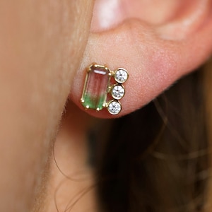 Watermelon tourmaline earrings, Diamond stud, Green & pink earring, Unique baguette studs image 1