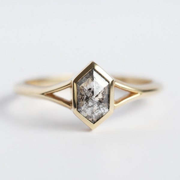 Hexagon Salt and pepper diamond engagement ring, 14k gold hexagon diamond ring, Split shank Diamond ring, Salt Pepper Geometric Diamond