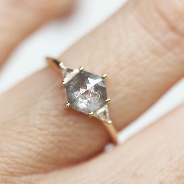 Hexagon Diamond Ring, Salt Pepper Diamond Engagement Ring, Geometric Diamond Ring by Capucinne