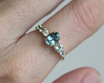 Teal Blue Sapphire Cluster Ring in 14k or 18k Solid Gold with Light Blue Sapphires, Diamonds, an Emerald and Aquamarine