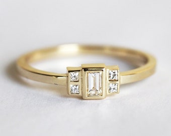 Diamond engagement ring, Baguette cut art deco ring, Modern wedding ring, Accent princess diamonds