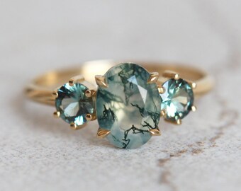 Moss agate engagement ring, Teal tourmaline ring, Green gemstone ring, Oval alternative ring