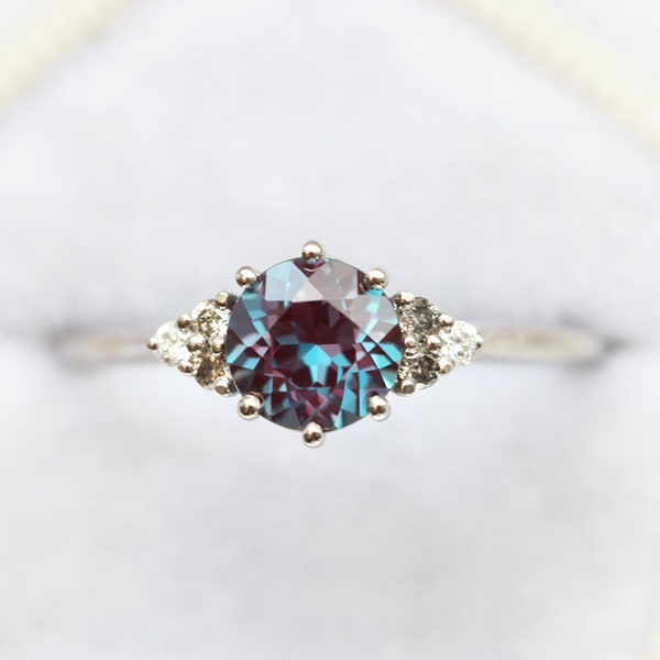 Alexandrite engagement ring, Chatham purple cluster, Salt pepper diamond purple ring