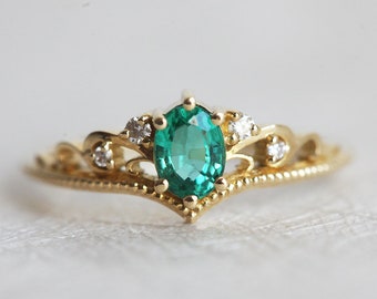Oval Emerald Engagement Ring, Emerald Diamond Ring, Vintage Natural Emerald Ring, Yellow Gold Green Engagement Ring
