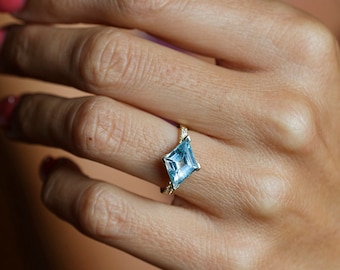 Aquamarine & Diamond Engagement Ring, Kite Aquamarine Ring, 14k or 18k Solid Gold