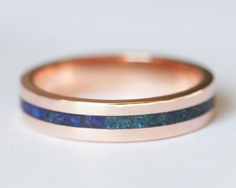 Lapis lazuli inlay wedding band, Blue gemstone ring, Modern rose gold mens band, 4mm wide unisex ring