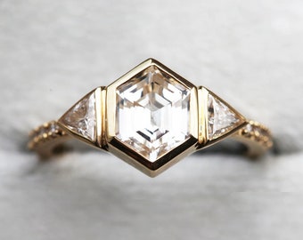 Hexagon Sapphire Ring, Unique Sapphire Engagement Ring, Trillion Diamond Ring, Artdeco Diamond Engagement Ring, Hexagonal Engagement Ring