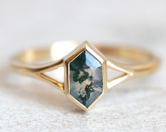 Moss agate ring, or engagement set, Hexagon cut gemstone ring, Modern organic solitaire, Alternative ring