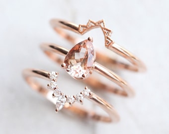 Pear morganite engagement ring set, Peach morganite ring with lace band and curved diamond band