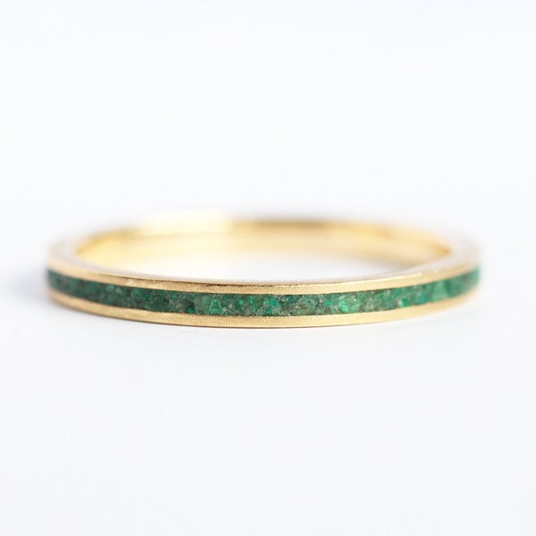 Thin ring, Emerald inlay engagement band, Green gemstone ring