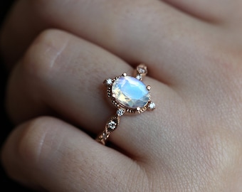 Blauwe Maansteen Ring, Ovale Maansteen Ring, Maansteen Verloving Ring, Vintage Maansteen Ring, Vintage Verloving Ring, 14k Ring, 18k Ring