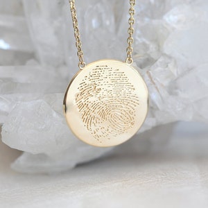 Actual fingerprint necklace, Solid gold, or silver thumb print necklace, Custom memorial disc necklace image 4