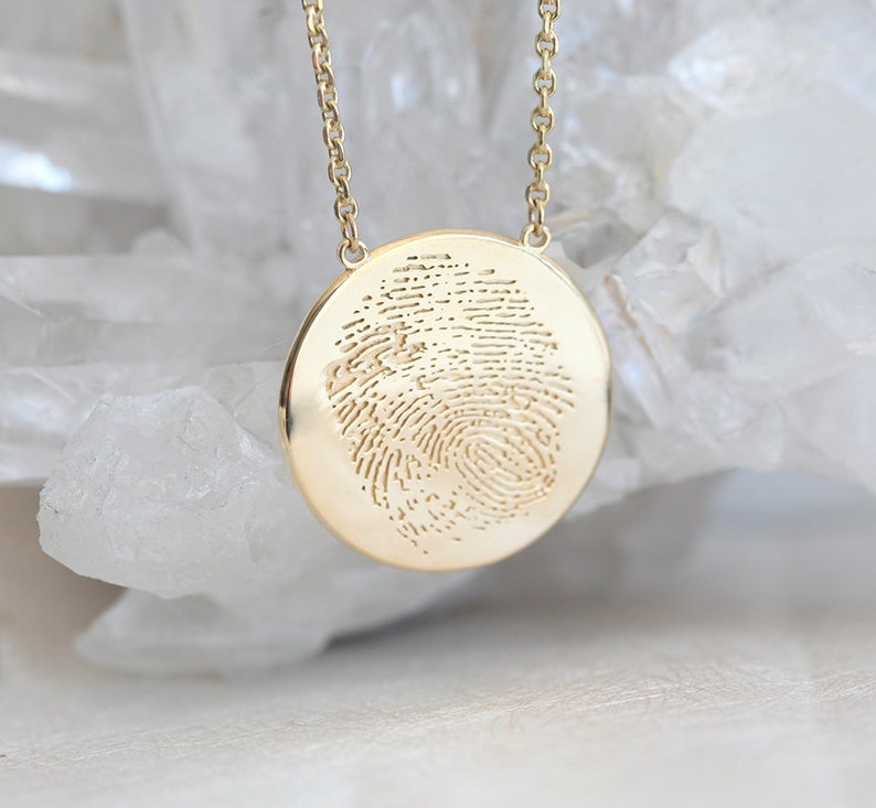 Actual fingerprint necklace, Solid gold, or silver thumb print necklace, Custom memorial disc necklace image 4