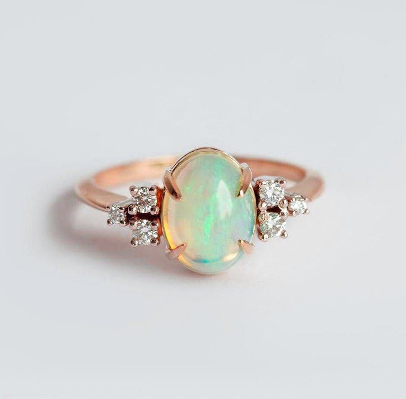 Oval Opal Ring, Opal Ring With Diamonds, Opal Diamond Ring, Diamond Engagement Ring with Opal, Mixed Metals Engagement Ring image 7