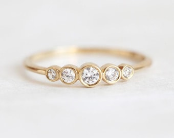 Yellow Gold Diamond Engagement Ring: Five Diamond Bezel Band