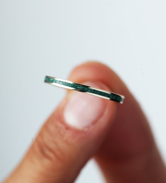Thin Ring Emerald Inlay Engagement Band Green Gemstone Ring Etsy