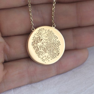 Actual fingerprint necklace, Solid gold, or silver thumb print necklace, Custom memorial disc necklace image 5