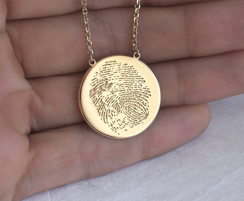 Actual fingerprint necklace, Solid gold, or silver thumb print necklace, Custom memorial disc necklace image 5