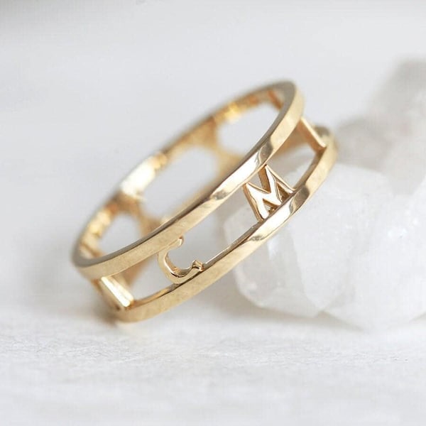 Römische Ziffern Ring, Benutzerdefinierte Doppelband, personalisierter Ring, 14k oder 18k Massivgold