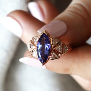 Art deco Tanzanite Engagement ring, Tanzanite diamond ring, Unique trillion diamond ring image 2