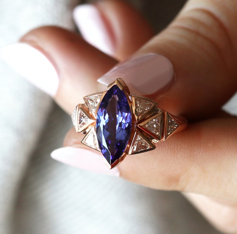 Art deco Tanzanite Engagement ring, Tanzanite diamond ring, Unique trillion diamond ring image 2