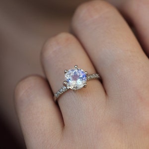 Moonstone engagement ring, Rainbow moonstone & diamond ring, Round solitaire, Pave wedding ring image 3