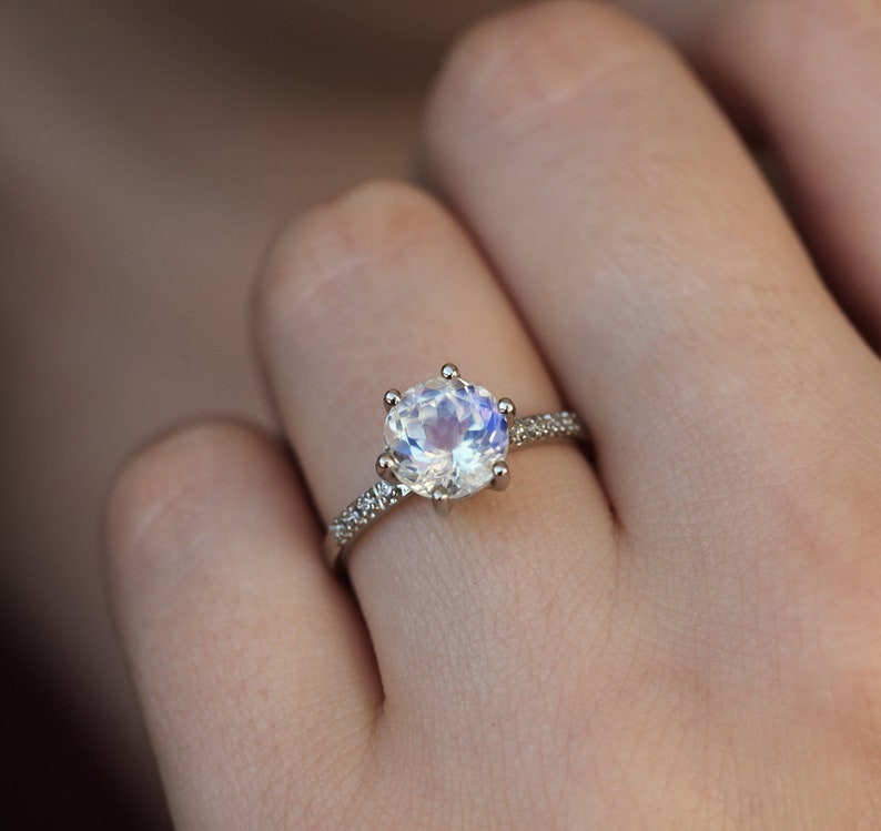 Moonstone engagement ring, Rainbow moonstone & diamond ring, Round solitaire, Pave wedding ring image 3