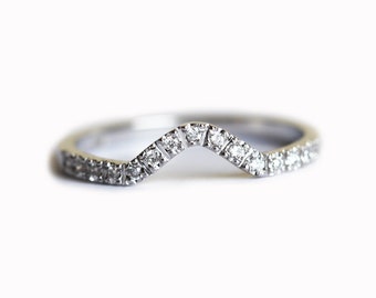 Curved Wedding Band with Pave Diamonds, 14k or 18k Solid Gold, Pave Diamond band for Her
