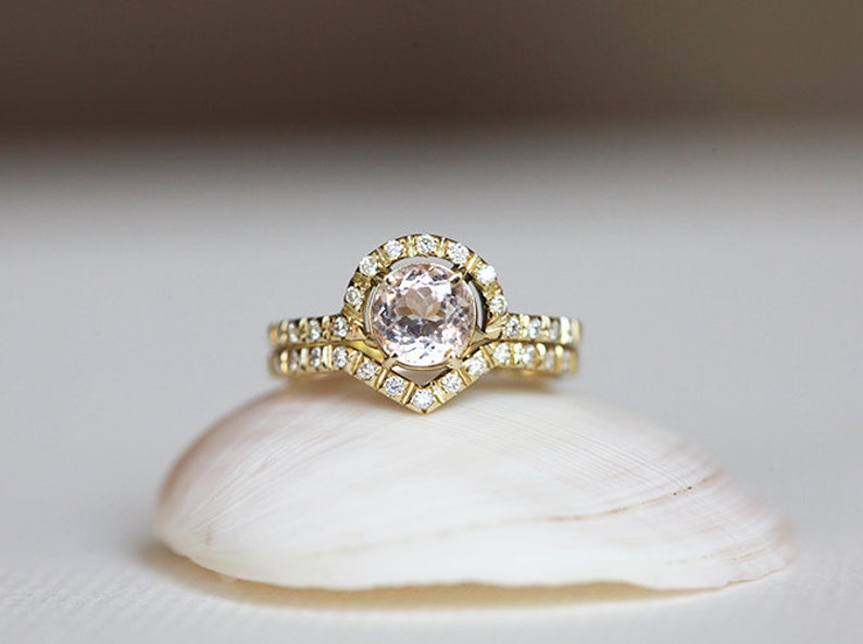 Round Morganite and Diamond Halo Ring in 14k or 18k Solid Gold with a Half Eternity Band, Engagement or Anniversary Gift image 2