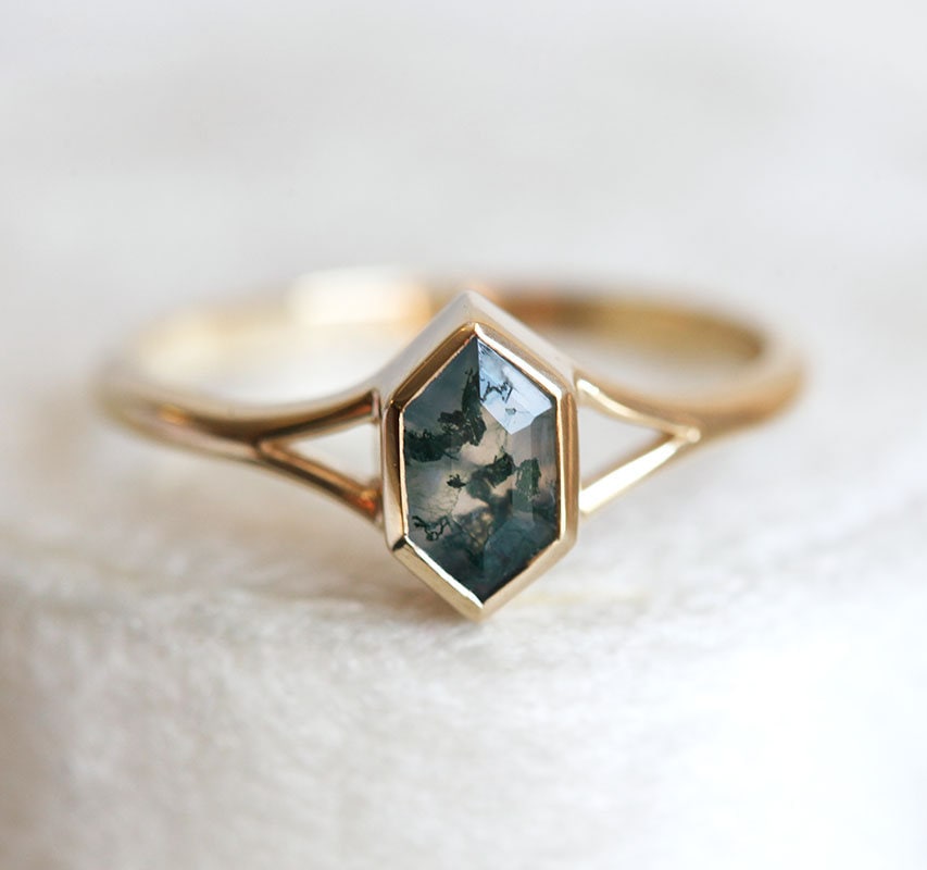 Hexagon Cut Natural Moss Agate  Ring Engagement Ring 14K Solid Gold Gift For Her Sieraden Ringen Bruiloft & Verloving Verlovingsringen Green Gemstone 