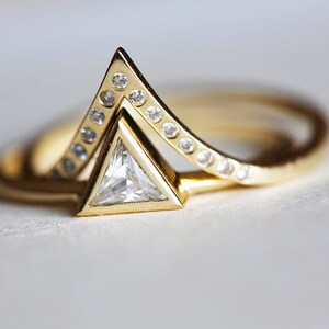 Diamond Engagement Ring Set, Triangle Diamond Ring with V shaped Diamond Band, 14k 18k gold Diamond Ring set image 4