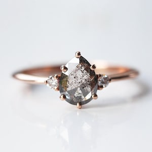 Pear Salt and Pepper Diamond Engagement Ring: Rustic Three Stone Solid Gold Ring