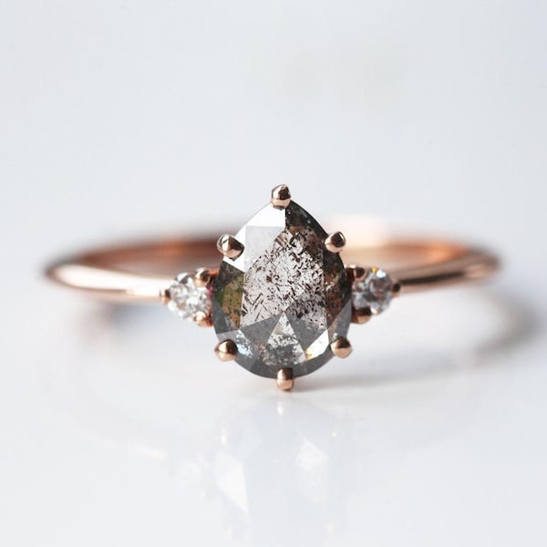 Pear Salt and Pepper Diamond Engagement Ring: Rustic Three Stone Solid Gold Ring