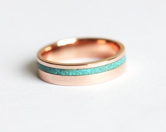 Turquoise mens wedding band, Rose gold inlay ring, Unique wide engagement ring, Crushed turquoise band