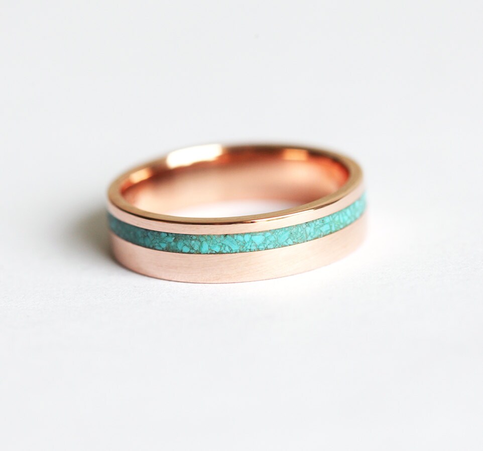 Turquoise Mens Wedding Band Rose Gold Inlay Ring Unique Wide