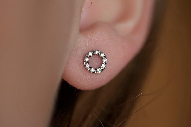 Diamond Circle Earrings, Simple Halo Studs, Delicate & Dainty Studs, Modern Everyday Earrings by capucinne image 1