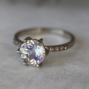 Moonstone engagement ring, Rainbow moonstone & diamond ring, Round solitaire, Pave wedding ring image 4