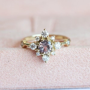 Bague de fiançailles saphir pêche champagne, bague diamant saphir flocon de neige, bague saphir à changement de couleur pour elle