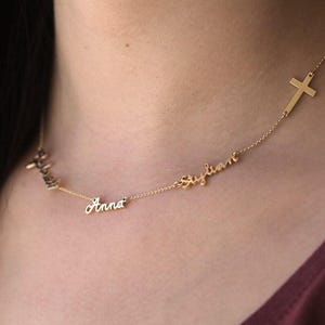 Solid Gold Name Necklace, 14k Gold Personalized Family Necklace, Name Jewelry with Sideways Cross image 2