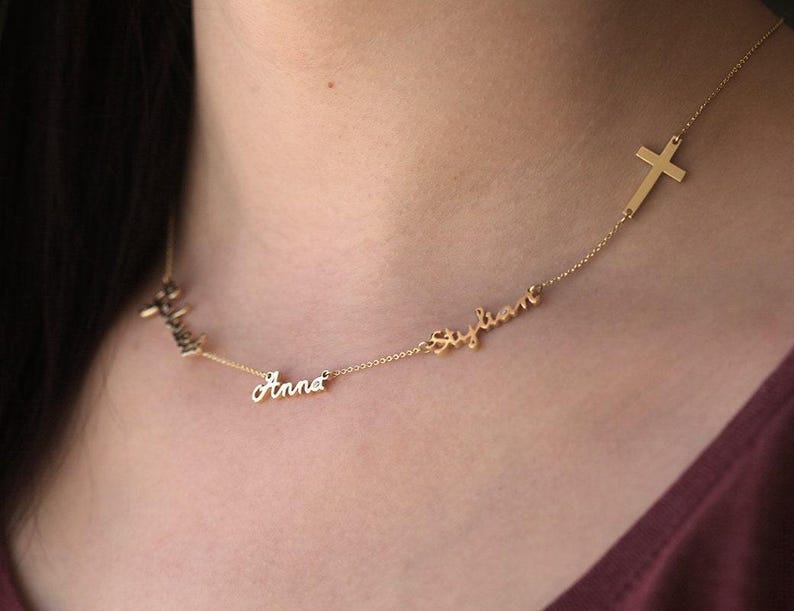 Solid Gold Name Necklace, 14k Gold Personalized Family Necklace, Name Jewelry with Sideways Cross image 2