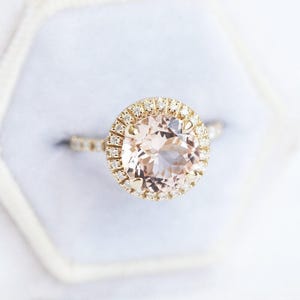 Halo Morganite engagement ring, Halo diamond ring with round morganite