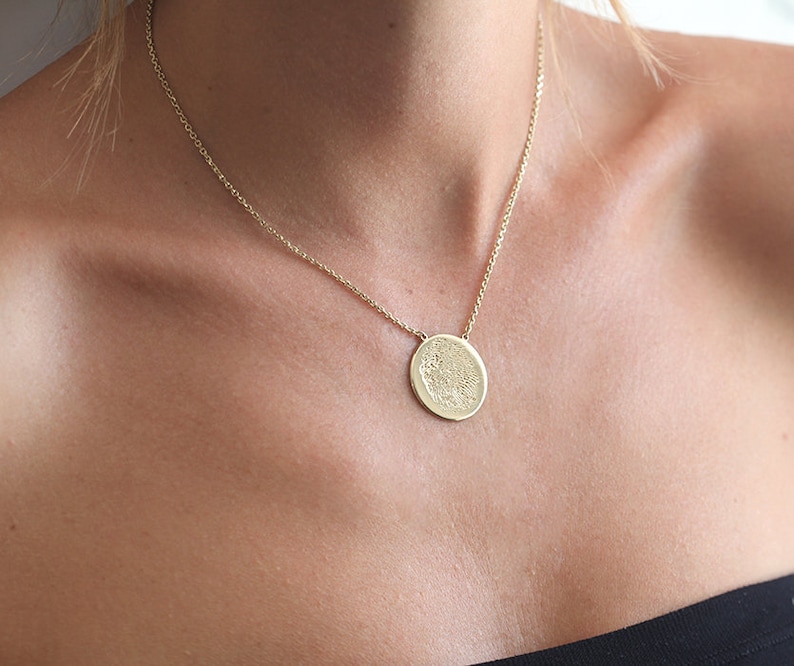 Actual fingerprint necklace, Solid gold, or silver thumb print necklace, Custom memorial disc necklace image 3