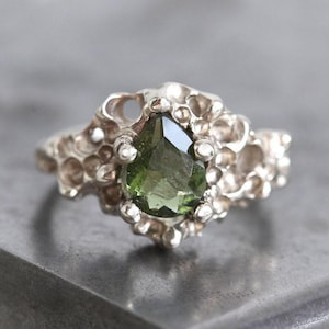 Gold moldavite ring, Unique green engagement ring, Alternative wedding ring, Meteorite crystal ring