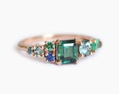 Green Sapphire Ring, Cluster Engagement Ring