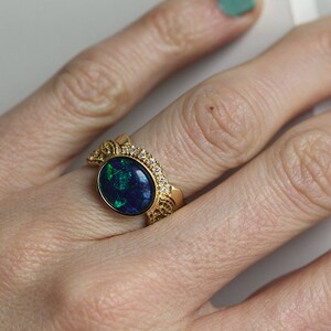 Black Opal Ring Set, Black Opal Engagement Ring, Opal Wedding Ring Set for Her, Lace Ring image 5